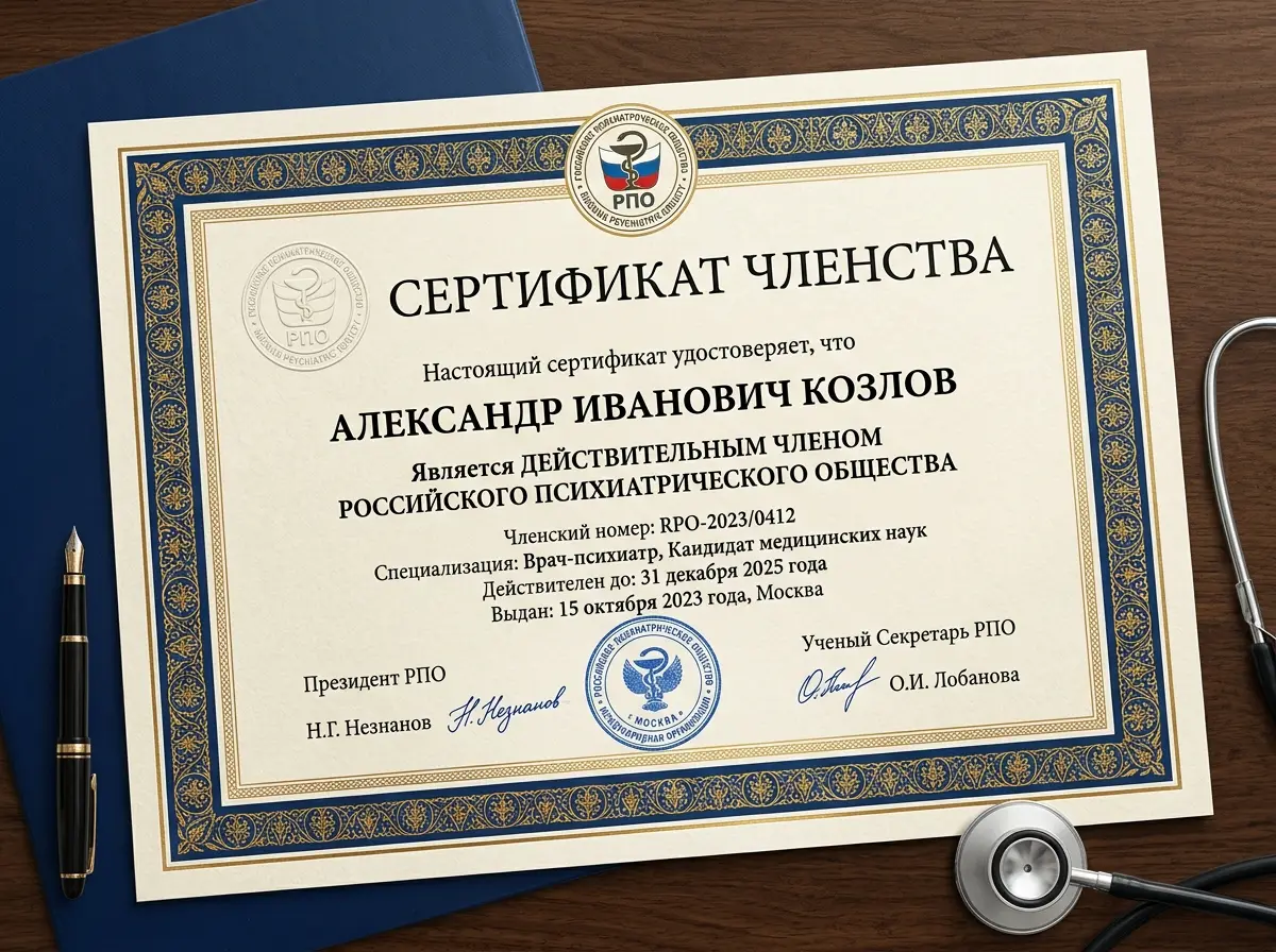 Свидетельство о членстве в Российском обществе психиатров — официальный документ профессиональной ассоциации врачей